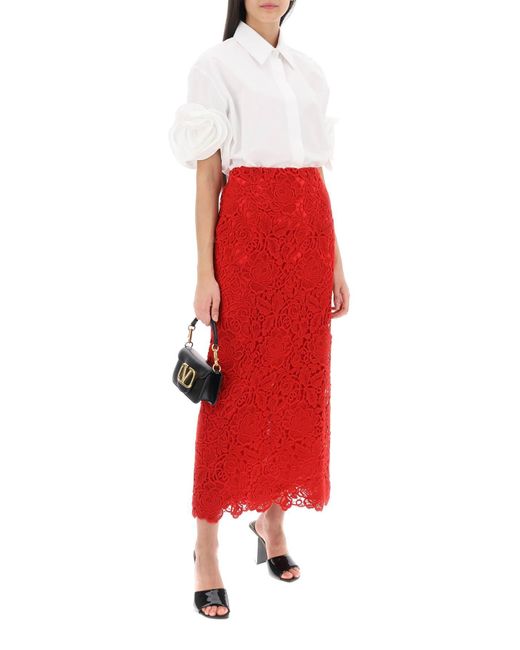 Valentino Garavani Red Floral Guipure Lace Pencil Skirt