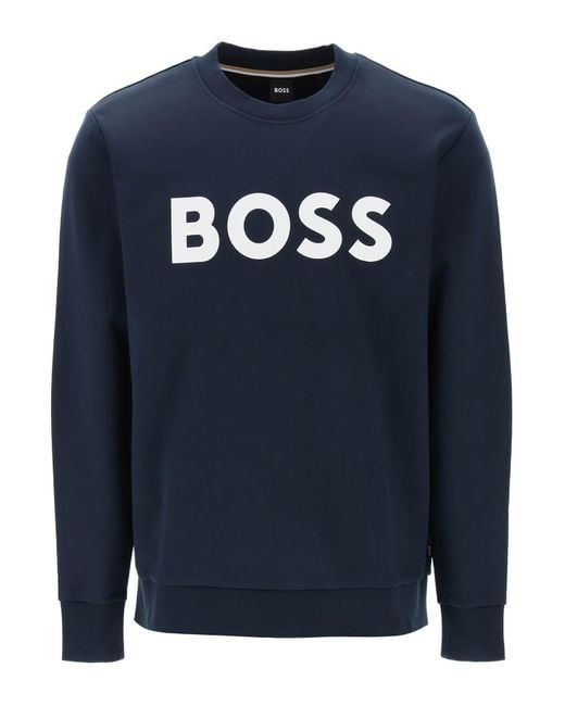 BOSS Crew Neck Sweatshirt With Logo Print in Blue for Men | Lyst