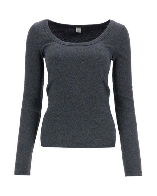 Totême  Black Organic Cotton Charcoal Melange Ribbed Top With Wide Neck