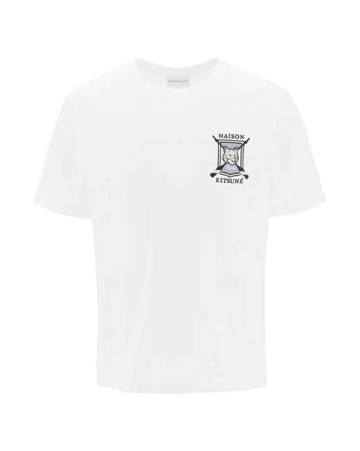 Maison Kitsuné White College Fox Embroidered T-shirt for men