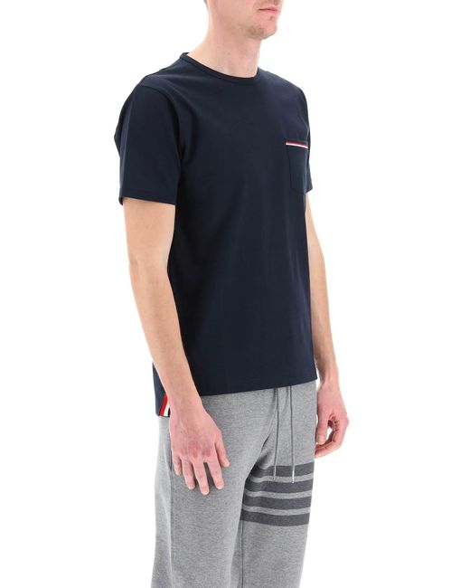 Thom Browne Blue T-shirt With Tricolor Pocket for men