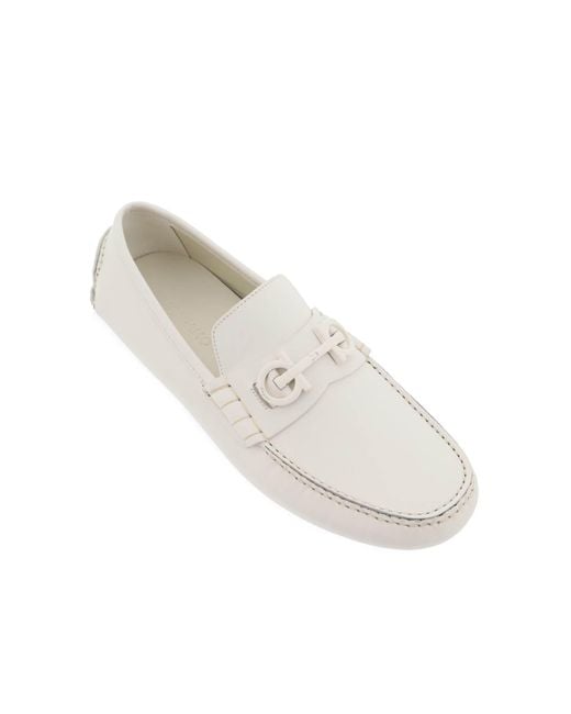 Ferragamo White Leather Loafers With Iconic Gancini Hook Detail For for men