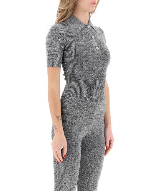 Ganni Gray Stretch Knit Polo Top With Jewel Buttons