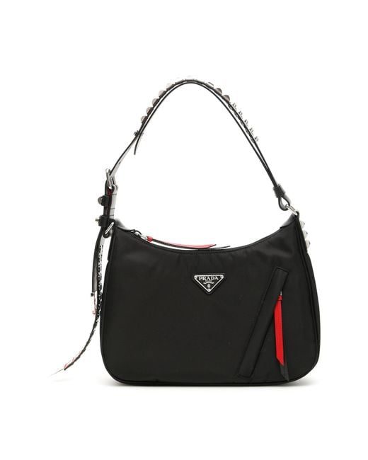 Prada Black Nylon Hobo Bag With Leather And Studs