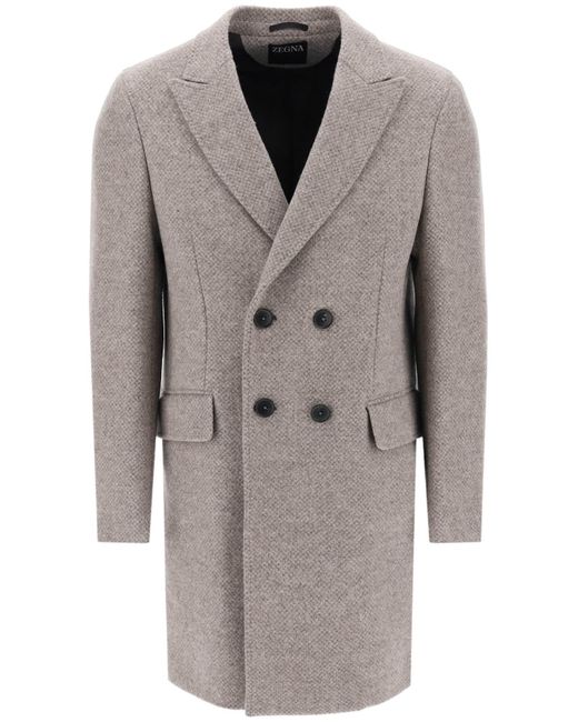 Zegna Gray Wool Cashmere Double Breasted Coat for men