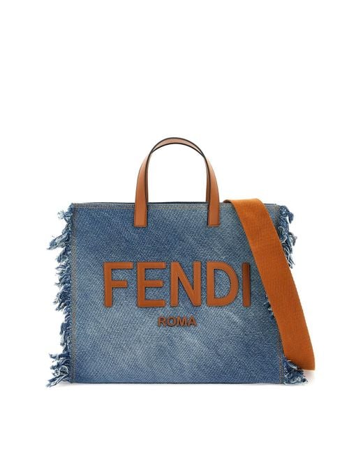 Fendi Blue Denim Tote Bag With Fringes for men