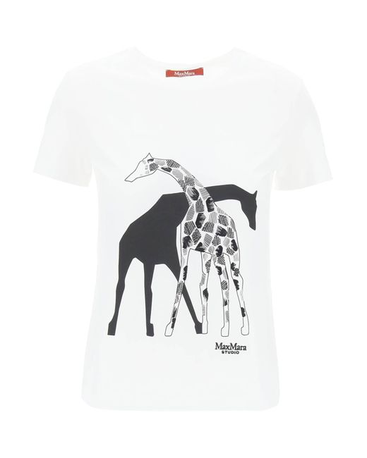 T-Shirt Con Stampa Giraffe di Max Mara Studio in White