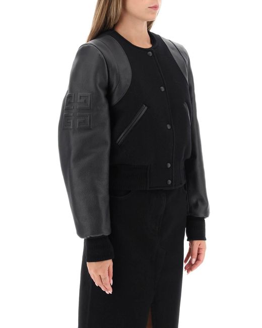 Givenchy Black Wool And Leather Cropped Bomber Jacket