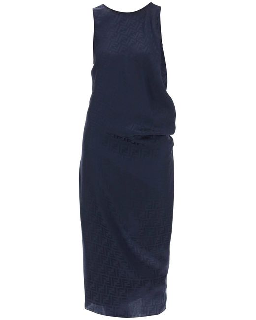 Fendi Blue Draped Ff Silk Midi Dress