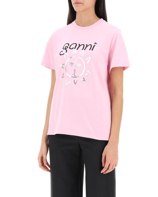 T-Shirt Girocollo Con Stampa di Ganni in Pink
