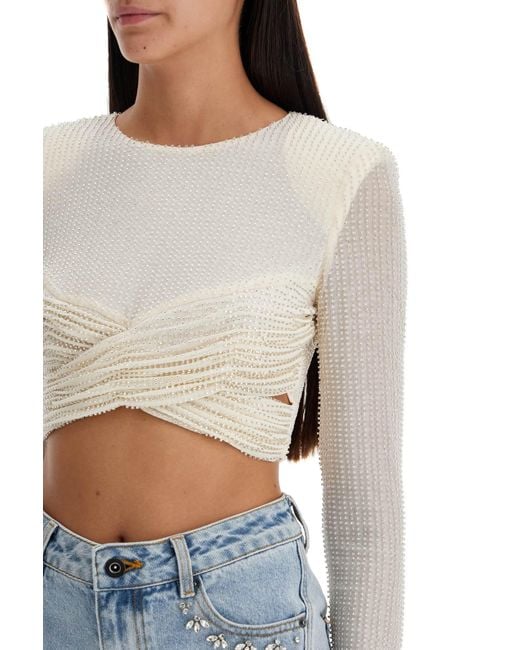 Self-Portrait White Mesh Crop Top With Beads Embellishments