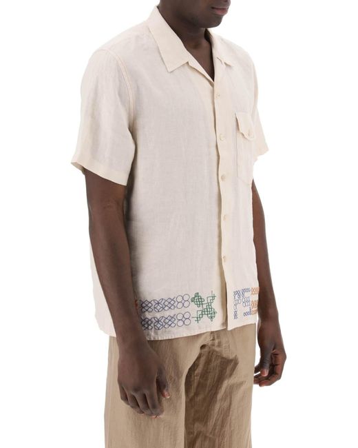 PS by Paul Smith White Bowling Shirt With Cross-Stitch Embroidery Details for men
