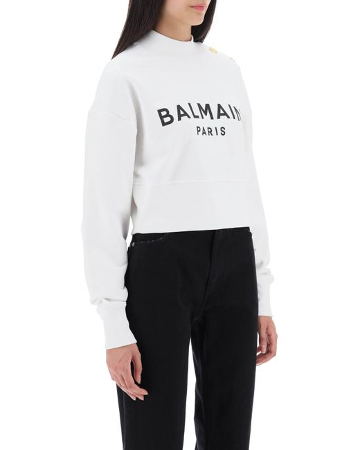 Beschnittenes Sweatshirt mit Logo -Druck und Knöpfen di Balmain in White