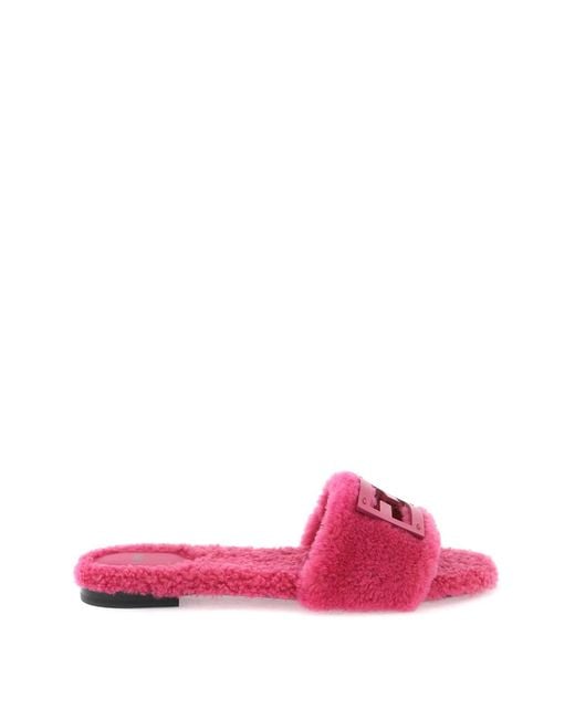Fendi Pink Baguette Leather & Faux Shearling Sandals