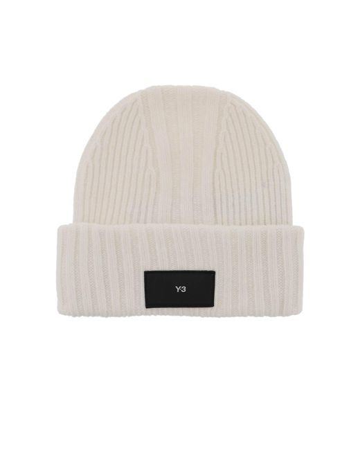 Y-3 White Y 3 Beanie Hat In Ribbed Wool With Logo Patch for men