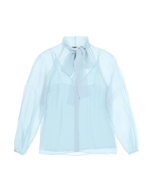 Max Mara Studio Blue Fascino Silk Shirt With Lavalliere Tie