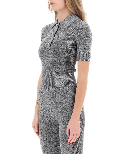 Ganni Gray Stretch Knit Polo Top With Jewel Buttons
