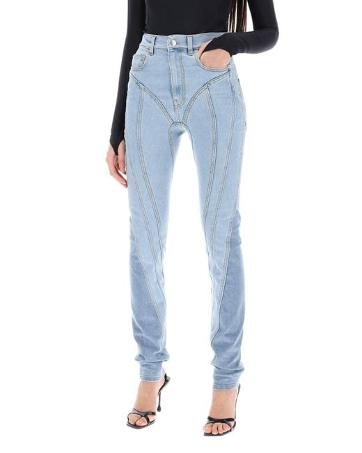 Mugler Blue Spiral Two-Tone Skinny Jeans
