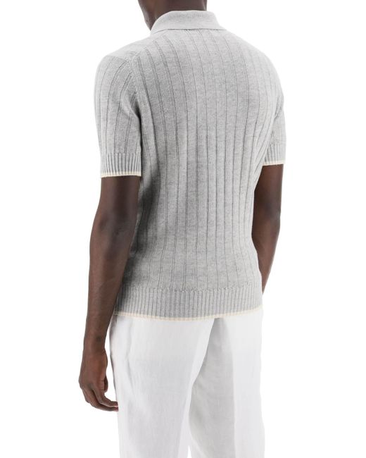 Brunello Cucinelli Gray Ribbed Knit Polo Shirt for men
