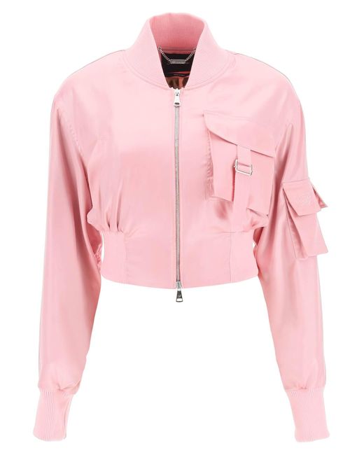 Blumarine Cropped Satin Bomber Jacket in Pink - Lyst