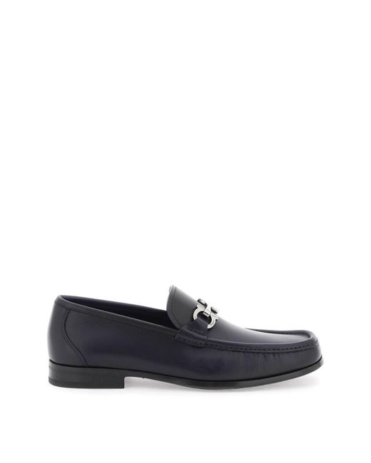 Ferragamo Blue Smooth Leather Loafers With Gancini for men