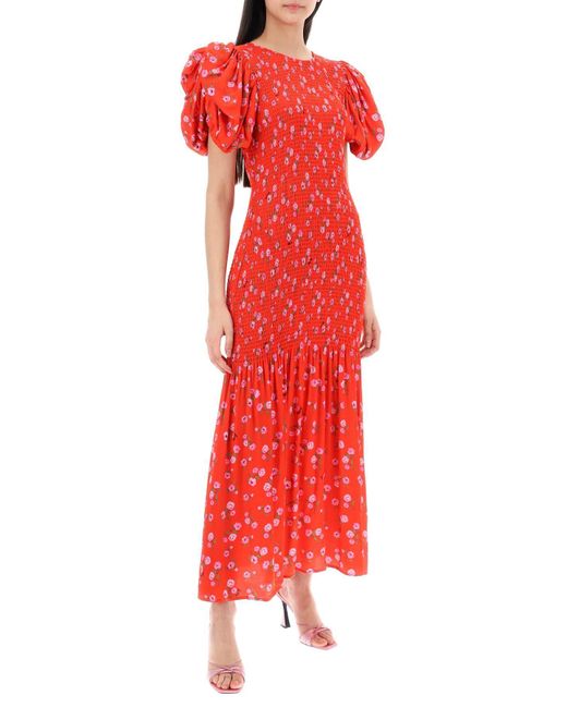 ROTATE BIRGER CHRISTENSEN Red Rotate Floral Printed Maxi Dress With Puffed Sleeves In Satin Fabric