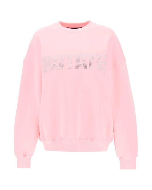 ROTATE BIRGER CHRISTENSEN Pink Crew Neck Sweatshirt With Rhinestone Studded Maxi Logo
