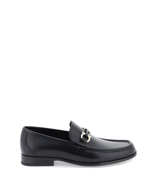 Ferragamo Black Grained Leather Loafers With Gancini for men
