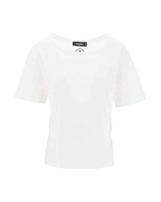 DSquared² White T Shirt With Rhinestone Logo
