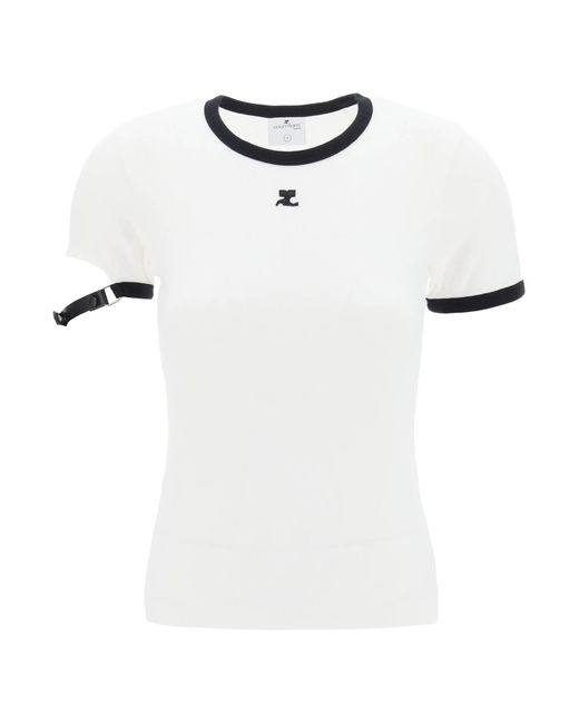 Courreges White Leather Strap T Shirt With Sleeve Detail