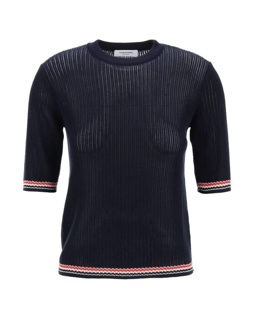 Thom Browne Blue Pointelle-knit T-shirt