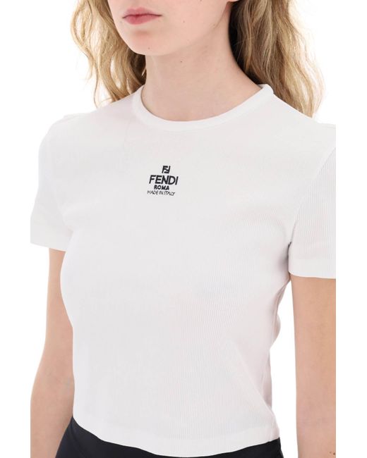 T-Shirt Cropped Con Logo Ricamato di Fendi in White