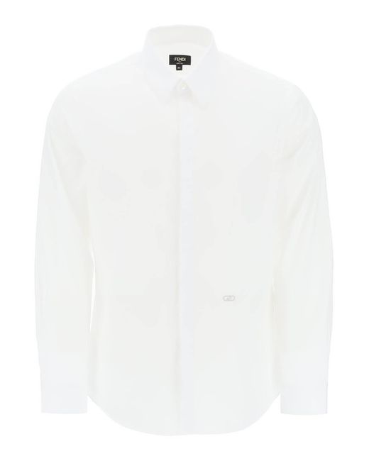 Fendi White Cotton Shirt With Embroidered Detail for men