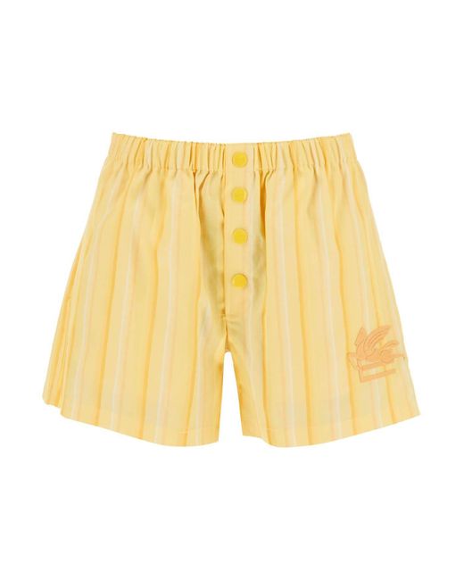 Etro Yellow Striped Shorts With Logo Embroidery