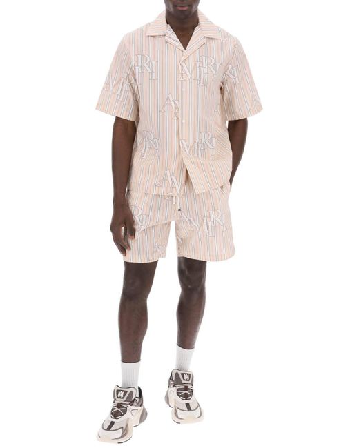 Amiri Pink Stripe Technical Poplin Bermuda Shorts With Logo for men