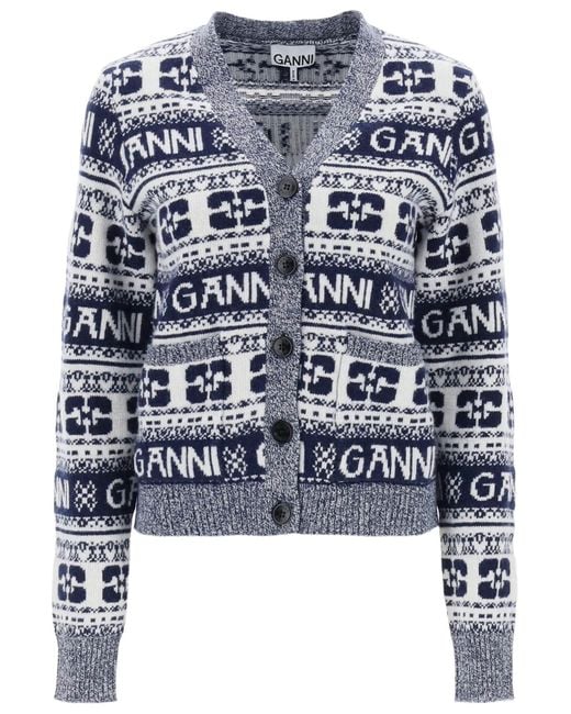 Ganni Gray Logo-intarsia Wool-blend Cardigan