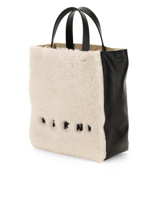 Marni Fur And Leather Small Museo Soft Bag in White,Black (Black) | Lyst