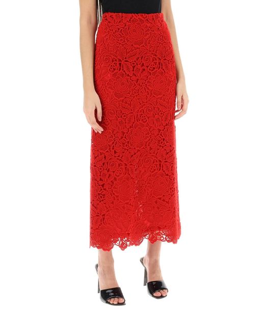 Valentino Garavani Red Floral Guipure Lace Pencil Skirt
