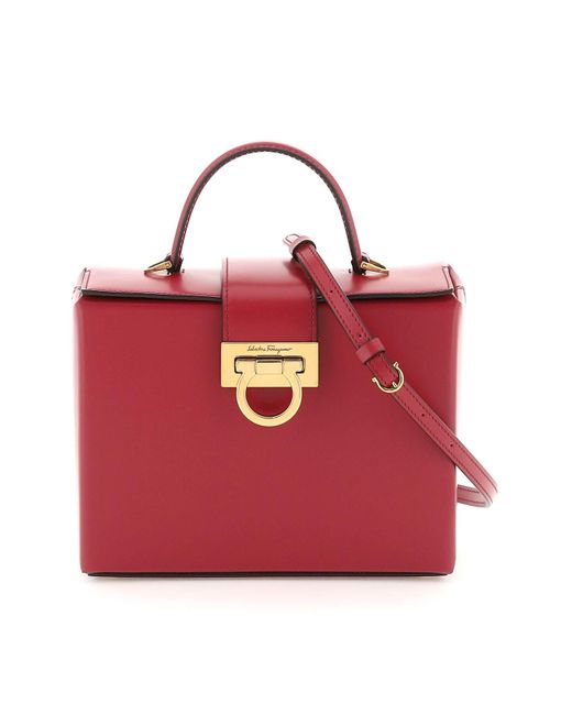 Ferragamo Red Leather Trifolio Box Handbag