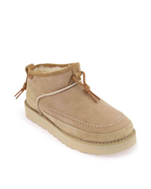 Ugg Natural Ultra Mini Crafted Logo-patch Suede And Shearling Ankle Boots