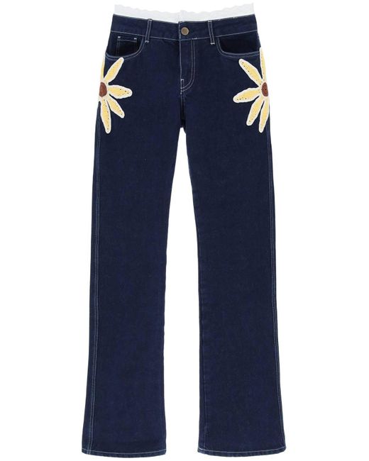 Siedres Blue Low-Rise Jeans With Crochet Flowers