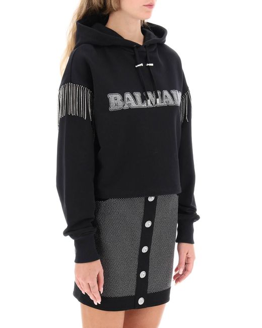 Balmain Black Cropped Hoodie With Rhinestone-studded Logo And Crystal Cupchains
