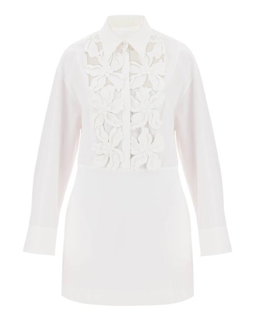 Valentino Garavani White "mini Dress In Compact Poplin With Hibisc