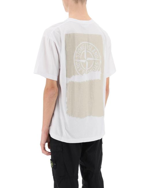 Stone Island White T-Shirt With Lived-In Effect Print for men