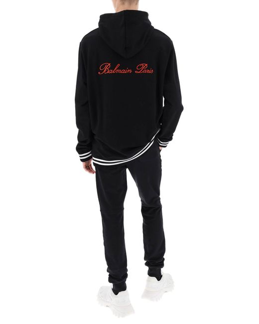 Balmain Black Hoodie With Logo Embroidery for men