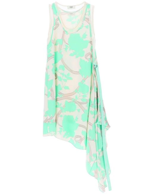 Fendi Green Asymmetrical Silk Satin Dress With ' Roses' Motif