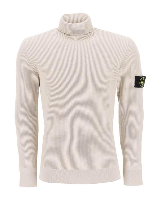 Stone Island White Ribbed Wool Turtleneck Sweater for men