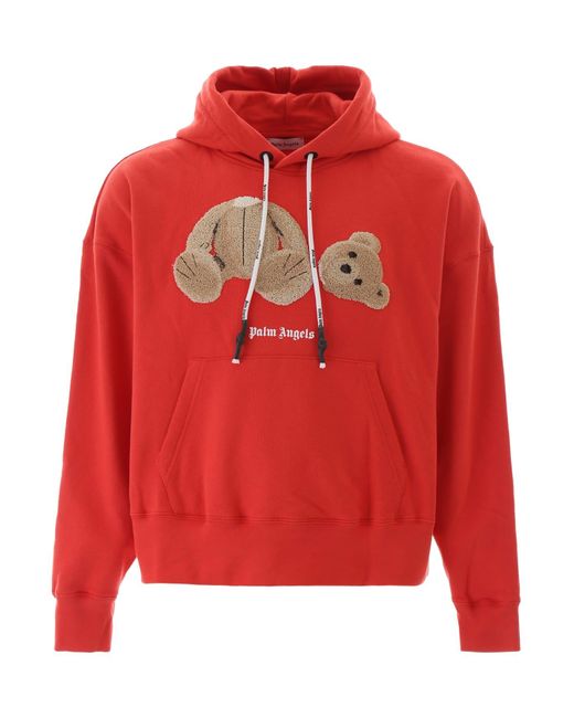 Palm Angels Red Cotton Jersey Hoodie W/ Bear Patch for men