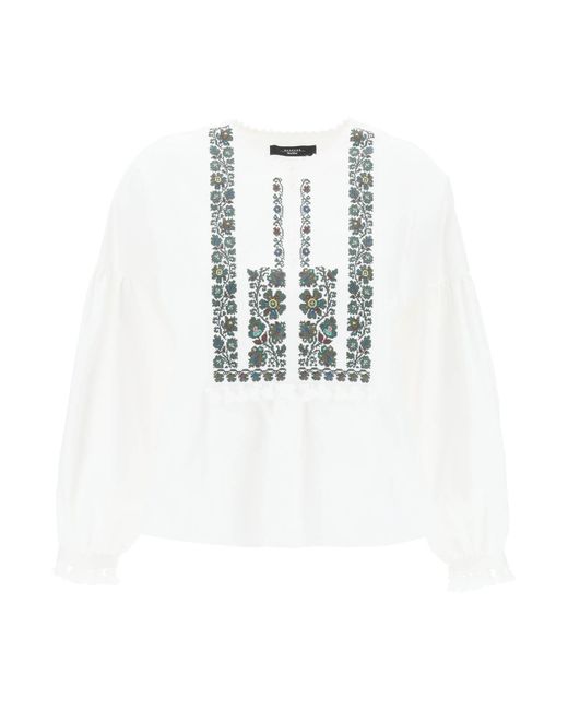 Weekend by Maxmara White Cotton And Linen Blouse With Embroidery