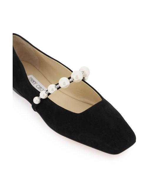 Jimmy Choo Black Suede Leather Ballerina Flats With Pearl